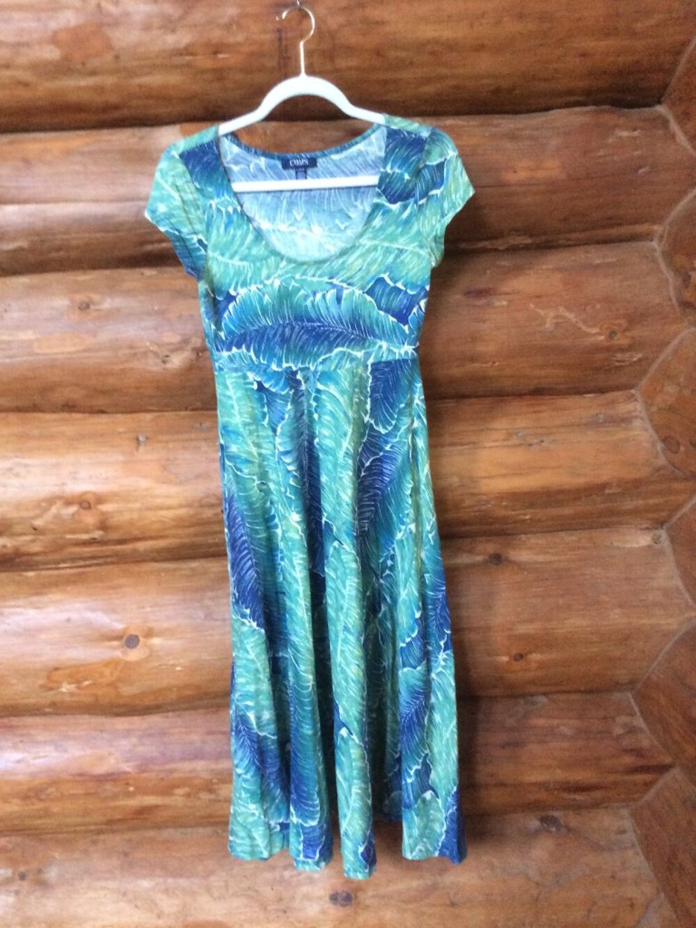 Chaps Tropical Fern Print Green Blue Vacation Resortwear Maxi Dress Size PS
